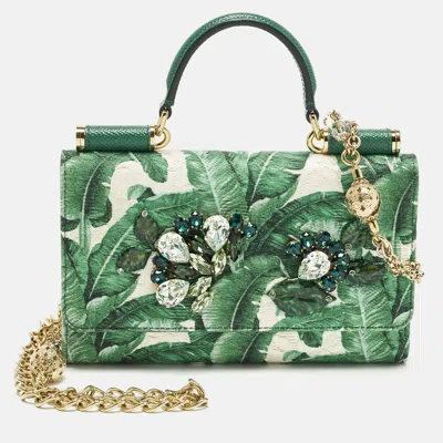 Pre-owned Dolce & Gabbana Miss Sicily Von Crystal Green Leaf Print Fabric And Leather Wallet On Chain