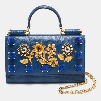 Pre-owned Dolce & Gabbana Miss Sicily Von Embellished Blue Leather Wallet On Chain