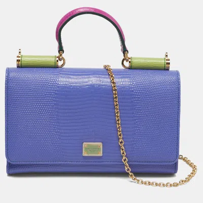 Pre-owned Dolce & Gabbana Miss Sicily Von Multicolor Lizard Embossed Leather Wallet On Chain