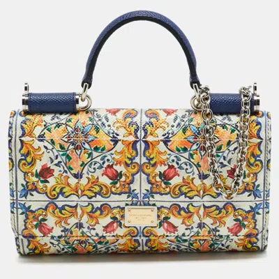 Pre-owned Dolce & Gabbana Miss Sicily Von Multicolor Majolica Print Leather Wallet On Chain