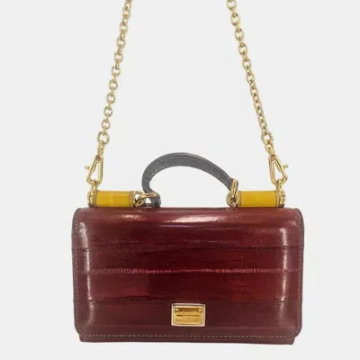 Pre-owned Dolce & Gabbana Miss Sicily Von Tricolor Eel Leather Smartphone Bag In Burgundy