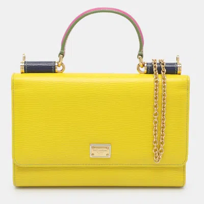 Pre-owned Dolce & Gabbana Miss Sicily Von Yellow Leather Wallet On Chain