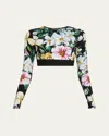 Dolce & Gabbana Black Activewear Crop Long Sleeve T-shirt In Mix Fiori F.nero