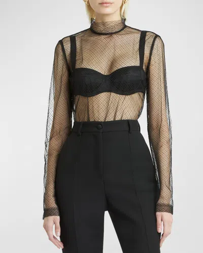 Dolce & Gabbana Mock-neck Fishnet Mesh Blouse In Black
