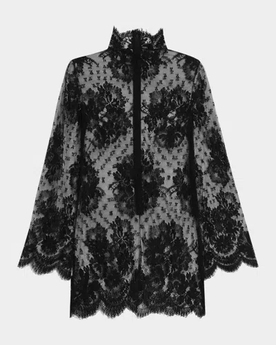 Dolce & Gabbana Mock-neck Sheer Lace Long-sleeve Mini Dress In Black