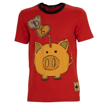 Pre-owned Dolce & Gabbana Money Box Pig Cotton T-shirt With Logo Patch Red Gold 12559