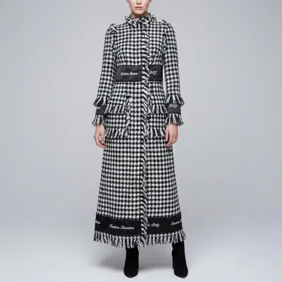 Pre-owned Dolce & Gabbana Monochrome Houndstooth Wool Fringed Long Coat S In Black