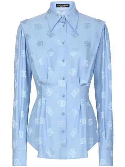 Dolce & Gabbana Monogram-jacquard Pleat-detail Shirt In Blue