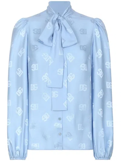 DOLCE & GABBANA MONOGRAM-JACQUARD PUSSY-BOW SHIRT