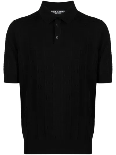 Dolce & Gabbana Monogram-jacquard Silk Polo Shirt In Black