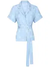 Dolce & Gabbana Short-sleeved Silk Satin Jacquard Pajama Shirt With Dg Logo In Blue