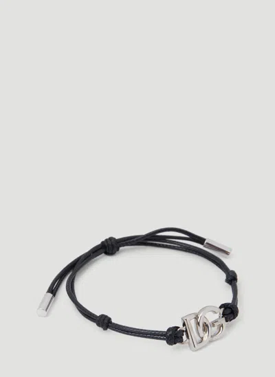 Dolce & Gabbana Monogram Plaque Cord Bracelet In Black