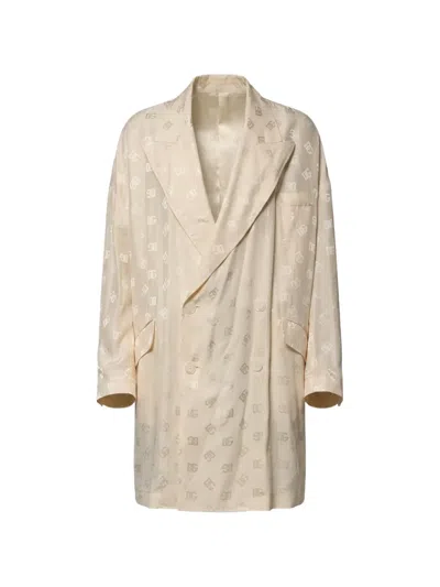 Dolce & Gabbana Polyester Logo Monogram Double Breasted Coat Jacket In Neutral