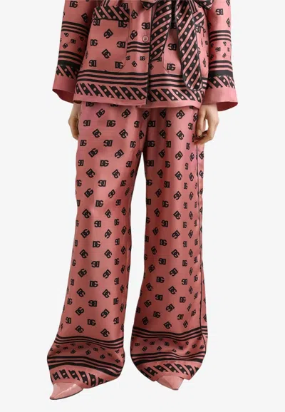 Dolce & Gabbana Monogram-print Silk Wide-leg Pants In Multi