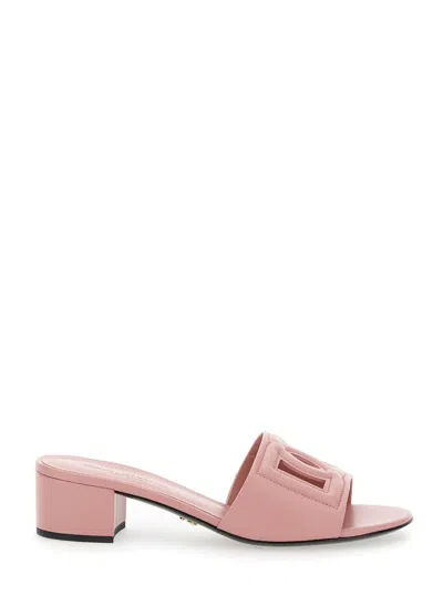 DOLCE & GABBANA MULES CON TACCO BASSO E DG MILLENNIALS IN PELLE LISCIA ROSA DONNA