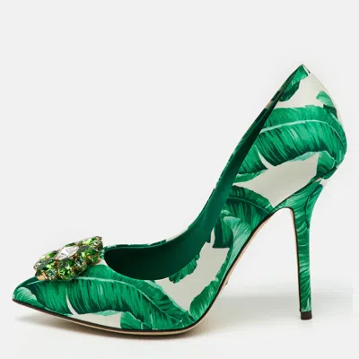 Pre-owned Dolce & Gabbana Multicolor Banana Leaf Print Satin Crystal Embellished Pumps Size 39
