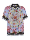 Dolce & Gabbana Multicolor Bowling Shirt With Cuban Collar And All-over Print In Linen Man In Blue