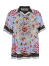 Dolce & Gabbana Multicolor Bowling Shirt With Cuban Collar And All-over Print In Linen Man In Blue