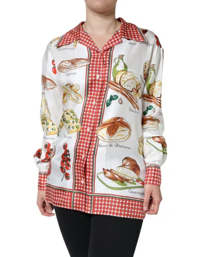 Pre-owned Dolce & Gabbana Multicolor Bread Print Collared Blouse Women's Top ()