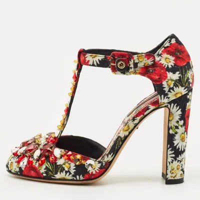 Pre-owned Dolce & Gabbana Multicolor Brocade Fabric Crystal Embellished Mary Jane Pumps Size 36