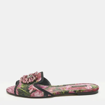 Pre-owned Dolce & Gabbana Multicolor Brocade Fabric Dg Logo Flat Slides Size 39.5