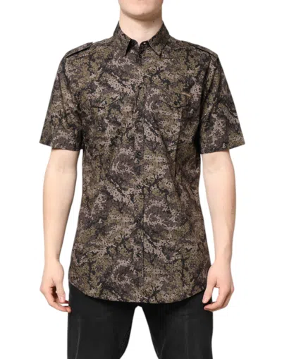 Dolce & Gabbana Multicolor Camouflage Button Down Gold Shirt