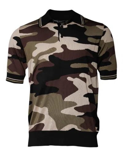 Dolce & Gabbana Camouflage Brown Silk Militarypolo T-shirt In Multi