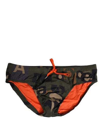 Dolce & Gabbana Multicolor Camouflage High Swim Brief Swimwear In Brown