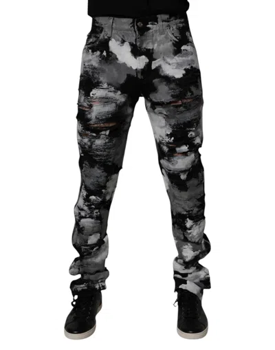Dolce & Gabbana Multicolor Camouflage Tattered Skinny Denim Jeans In Black