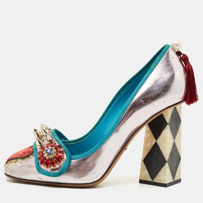 Pre-owned Dolce & Gabbana Multicolor Canvas And Leather Block Heel Pumps Size 38