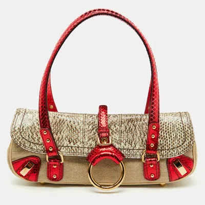 Pre-owned Dolce & Gabbana Multicolor Canvas And Python Trimmed Flap Shoulder Bag