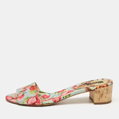 Pre-owned Dolce & Gabbana Multicolor Canvas Cork Heel Slide Sandals Size 40