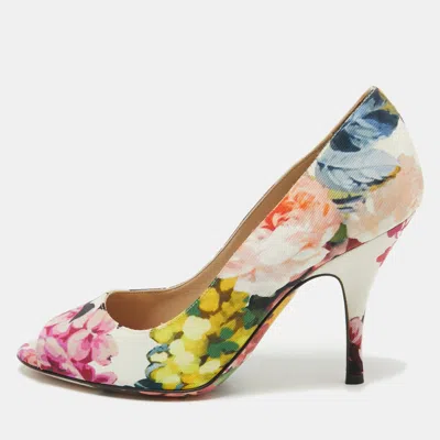 Pre-owned Dolce & Gabbana Multicolor Canvas Floral Print Peep Toe Pumps Size 38.5