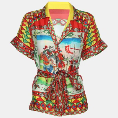 Pre-owned Dolce & Gabbana Multicolor Carretto Printed Silk Belted Top S