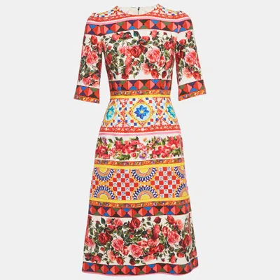 Pre-owned Dolce & Gabbana Multicolor Carretto Roses Print Cotton Midi Dress Xs