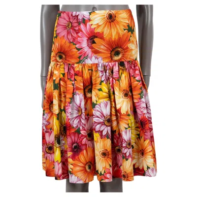 Pre-owned Dolce & Gabbana Multicolor Cotton 2021 Floral Pleated Poplin Skirt 46 Xl In Orange