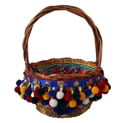 Dolce & Gabbana Multicolor Cotton Embellished Agnese Basket Tote Bag Wicker