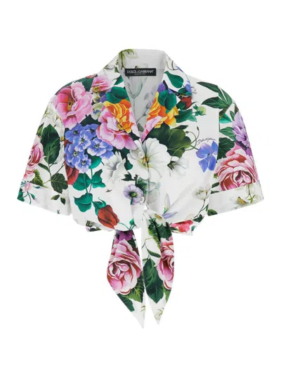 DOLCE & GABBANA MULTICOLOR CROP SHIRT WITH ALL-OVER FLORAL MOTIF AND LOGO LETTERING DETAIL ON THE FRONT