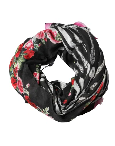 Dolce & Gabbana Multicolor Cutlery Floral Wrap Shawl 135cm X 132cm Scarf In Black