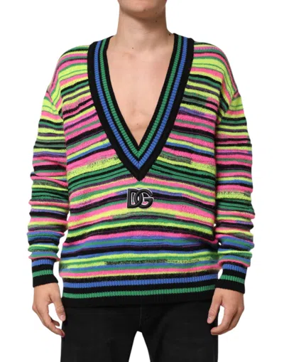 Dolce & Gabbana Multicolor Dg Logo V-neck Knit Pullover Sweater