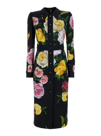 Dolce & Gabbana Multicolor Dress With Classic Collar And All-over Floral Print In Viscose Stretch Woman