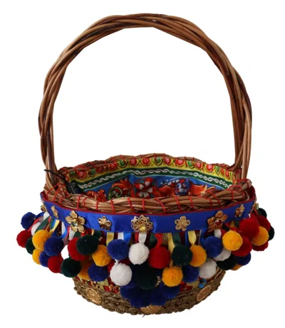 Dolce & Gabbana Multicolor Embellished Wicker Tote In Burgundy
