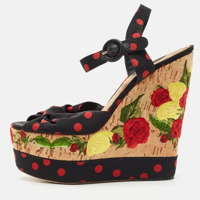 Pre-owned Dolce & Gabbana Multicolor Fabric Polka Dot Embroidered Knotted Bow Wedge Sandals Size 40