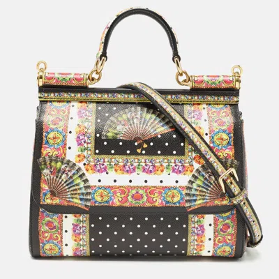 Pre-owned Dolce & Gabbana Multicolor Fan Foulard Printed Leather Medium Sicily Top Handle Bag