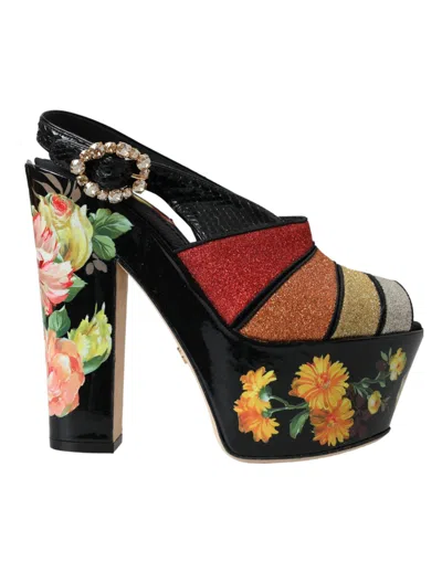DOLCE & GABBANA MULTICOLOR FLORAL CRYSTAL PLATFORM SANDALS SHOES