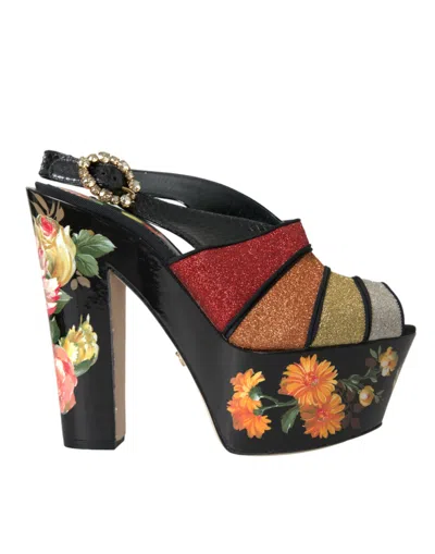 DOLCE & GABBANA MULTICOLOR FLORAL CRYSTAL PLATFORM SANDALS SHOES
