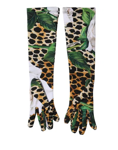 Dolce & Gabbana Multicolor Floral Leopard Elbow Length Women Gloves In Metallic