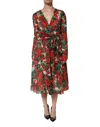 Dolce & Gabbana Multicolor Floral Long Sleeves V-neck Dress In Red