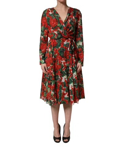 Pre-owned Dolce & Gabbana Multicolor Floral Long Sleeves V-neck Women's Dress ()