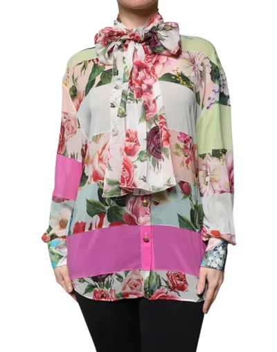 Dolce & Gabbana Multicolor Floral Patchwork Ascot Collar Women's Top